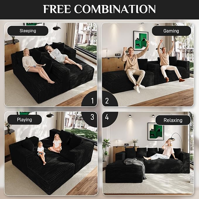 Modular Sectional Sofa, 107" L Shaped Cloud Couch Plush Corduroy Deep Seat Boneless Sofas with 5 Pillows Long Chaise Lounge Couches Memory Foam for Living Room - Black, Left Facing Chaise