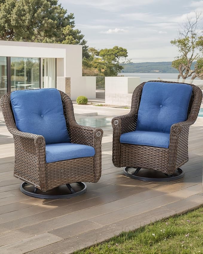 ACTREST Patio Chairs Outdoor Swivel Glider - Set of 2 High Back Outside Brown Wicker Rattan Rocking Chair with Thick Cushion for Porch Apartment Deck Yard Poolside Garden - Navy Blue
