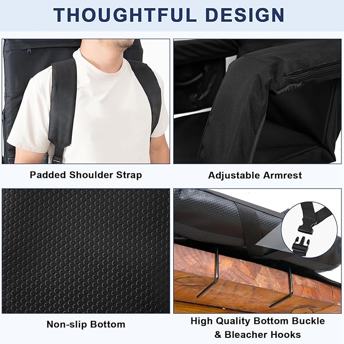 Romswi 2 Pack Etra Wide Backpack Reclining Stadium Seat with Armrests, 6 Adjustable Angle & Hidden Hooks, Bleacher Chair with Padded Backpack Straps & Multiple Pockets for Outdoor (25in)