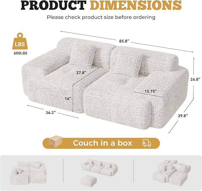 85" Cloud Loveseat Sofa in a Box, Modern Small Couch No Assembly Required, Comfy Deep Seat Boneless Couches for Living Room, Bedroom, Apartment, Beige 1 PCS