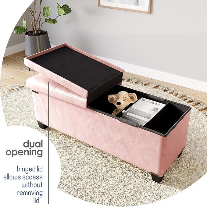 Storage Ottoman Bench with Bins, 43-in Storage Bench for Bedroom End of Bed, Folding Foot Rest Ottoman for Living Room Max 660lbs, Faux Leather Ottomans, Pink