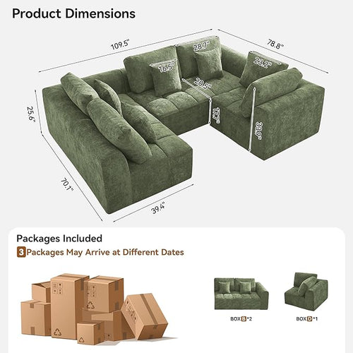 110''Modular Sectional Couches for Living Room, Cloud Boneless Compressed Sectional Sofa, Oversized U Shaped 5 Seater Upholstered Memory Foam Sofa, No Assembly, Chenille Green
