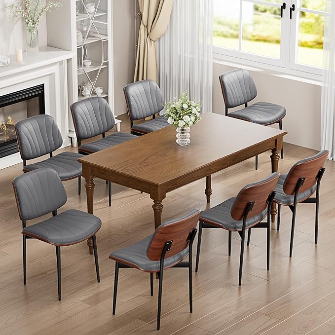 YaFiti Dining Chairs Set of 4, Dining Room and Kitchen Chairs, Mid Century Modern Accent Chair, Upholstered PU Leather Chairs for Vanity with Walnut Bentwood and Metal Legs, Gray