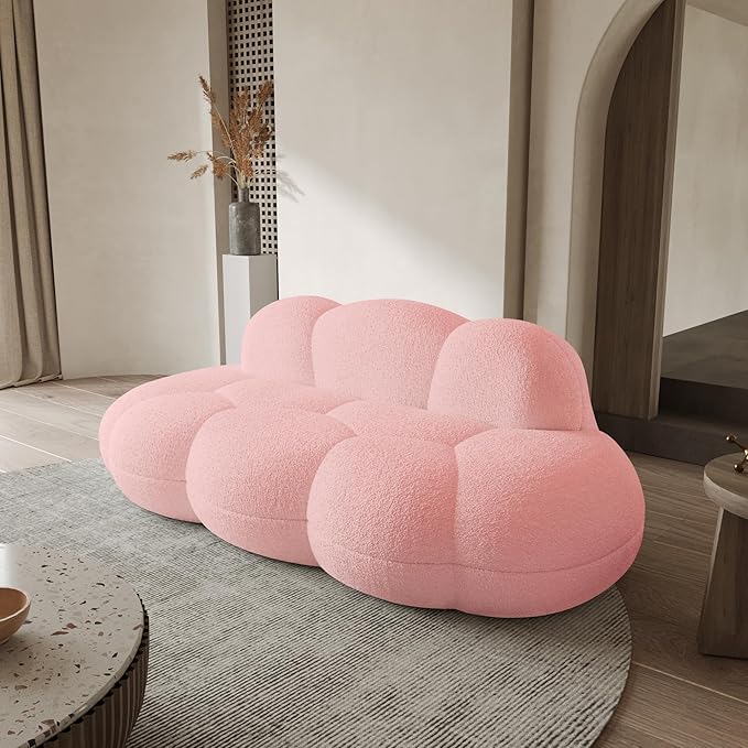 WJShome 90" Boucle Sofa, Modern Curved Upholstered Cloud Couch, Deep Seat LoveSeat 3 Seater Sofa, Cozy Modern Boneless Sherpa Fleece Couches for Living Room, Bedroom, Apartment (Pink)