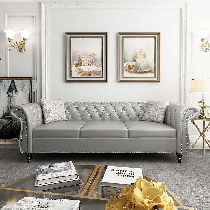 QHITTY Accent Large Sofa, Chesterfield Couch 3 Seater Modern Leather Couch Upholstered Sofa with Tufted Back for Living Room Furniture (Grey)