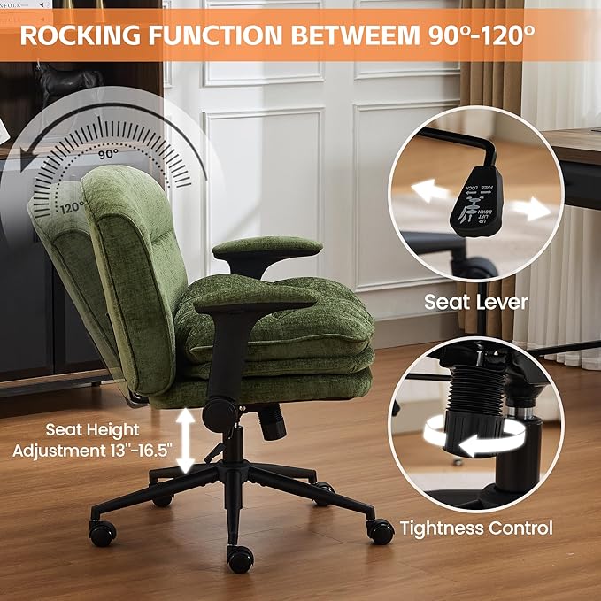 Criss Cross Chair with Flip-up Arms, Wide Criss Legged Chair with 3 Layer Cushion, Ergonomic Office Desk Chair with Wheels, Swivel Vanity Chair for Office, Living Room, Bedroom, Chenille Green