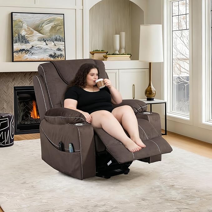 Oversized Power Lift Recliner Chair for Big and Tall 400 LBS, 26" Large Electirc Recliner Chair with Massage and Heating, Lay Flat Zero Gravity Recliner Sofa, Velvet, Coffee Brown