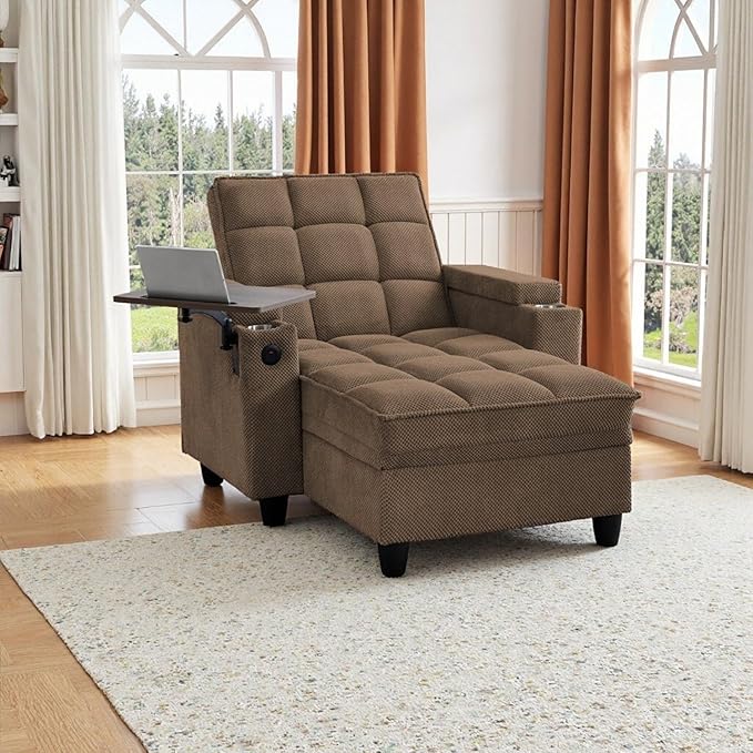 oaaktu Single Modern Comfy Upholstered Chaise Lounge Sofa Chair with Rotating Side Table,Storage,Pillow,USB Charging Ports and Adjustable Backrest Perfect for Living Room, Small Spaces (Coffee)