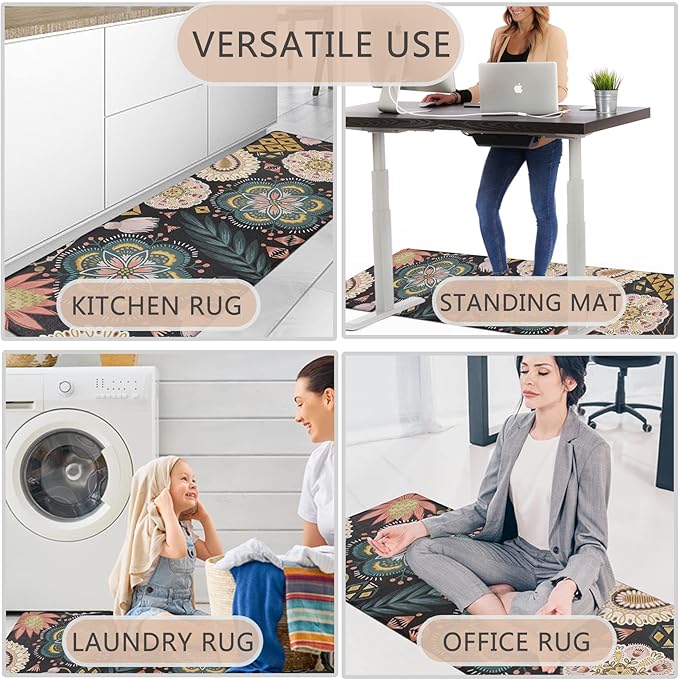 Homcomoda Boho Floral Kitchen Mats Cushioned Anti Fatigue 2 Piece Set Kitchen Rugs and Mats Non Slip PVC Waterproof Kitchen Comfort Mats for Standing Sink Laundry