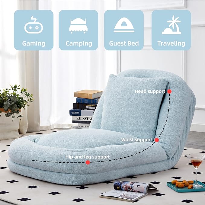Versatile Light Blue Folding Sofa Chair with 5 Adjustable Positions - Perfect Plush Floor Lounge Chair for Gaming & Relaxation
