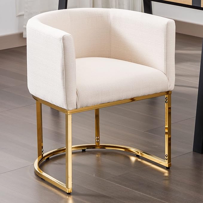 VESCASA Linen Upholstered Dining Chair with Barrel Back, Mid Century Modern Padded Restaurant Chair with Gold Metal Frame for Kitchen, Dining Room, 1 Piece, Cream