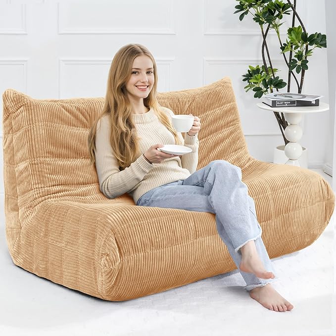 Bean Bag Chair,Giant Beanbag Chairs for Adults,Comfy Large Fireside Chair Lazy Sofa,Corduroy Bean Bag Lounger with Memory Foam Filled,Floor Sofa Couch for Home,Living Room (Khaki, Loveseat)