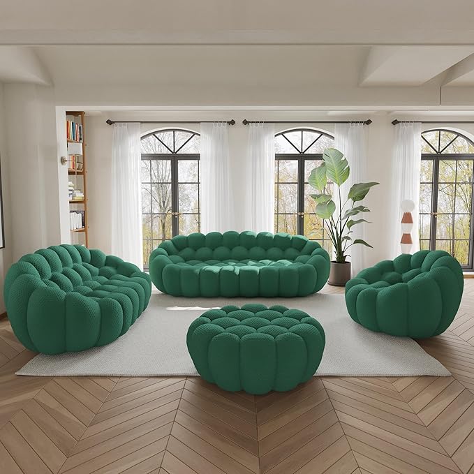 WJShome Modular Sectional Sofa,Bubble Couch Set,1 Seater+ LoveSofa+ 3 Seater+Ottoman,Modern Upholstered Bean Bag Sofa Couch Mesh Fabric Lazy Floor Chair Living Roon Sets (Green, 98.43"+79"+48"+42")