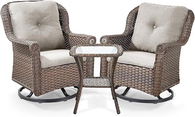 ACTREST 3 Piece Patio Swivel Chairs and Side Table Set - High Back Outdoor Brown Wicker Rattan Rocking Glider with Thick Cushions for Porch Apartment Deck Yard Poolside Garden - Beige