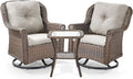 ACTREST 3 Piece Patio Swivel Chairs and Side Table Set - High Back Outdoor Brown Wicker Rattan Rocking Glider with Thick Cushions for Porch Apartment Deck Yard Poolside Garden - Beige