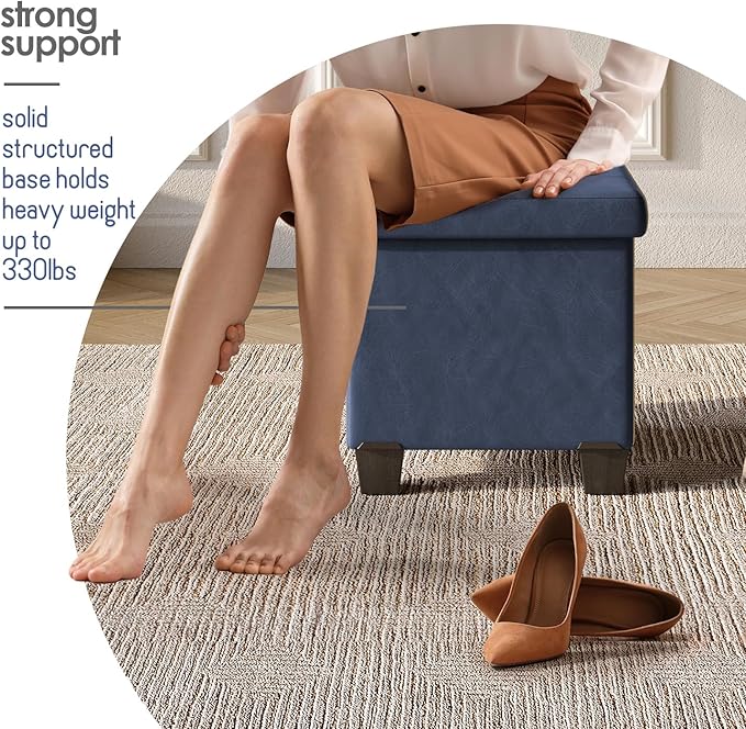 Storage Ottoman Cube with Small Bin, 16-in Square Ottoman with Storage for Living Room and Bedroom, Small Ottomans Foot Rest, Faux Leather Foot Stools Ottomans Max 330lbs, Blue