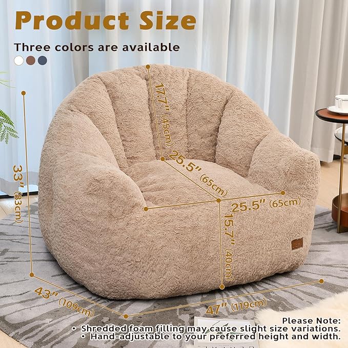 Big Bean Bag Chairs for Adults Giant Sofa with Faux Fur Shell-Shaped Beanbag Couch, Stuffed Large Bean Bag Floor Chair for Living Room, Beanbags Reading Chair for Bedroom Single Sofa(XL-Khaki)