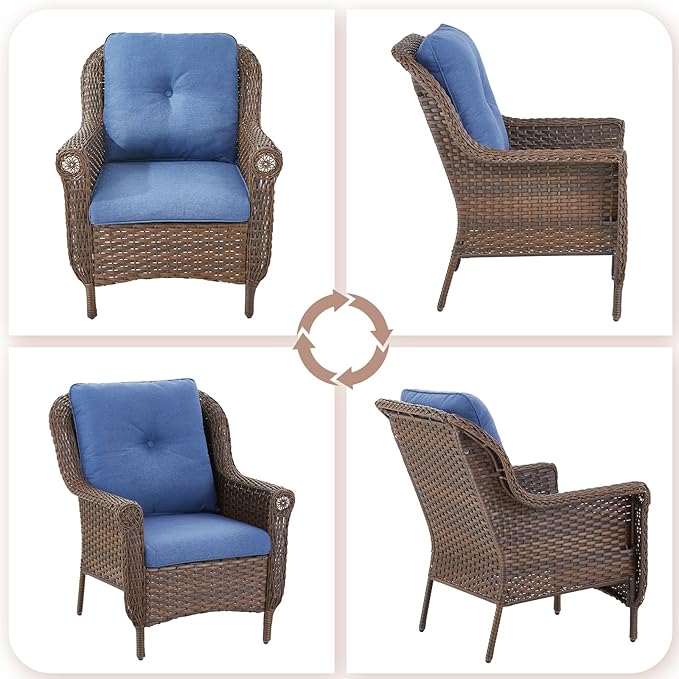 ACTREST Patio Wicker Chairs Outdoor Furniture Chair - Set of 4 Outside All Weather Lawn Dining Brown Rattan Armchair with High Back&Deep Seating for Deck Porch Balcony Backyard Garden - Navy Blue