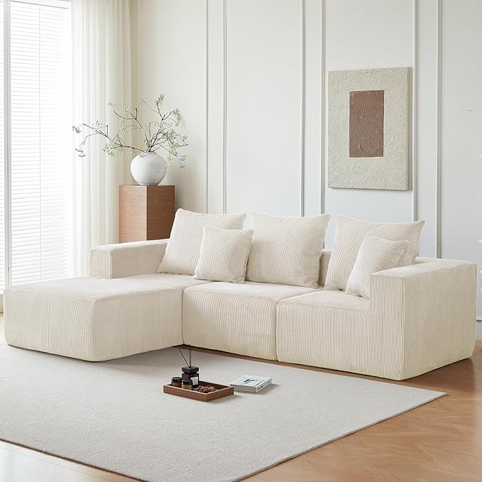 101" Cloud Couch for Bedroom,Boneless Couch with Oversized Chaise,4-Seat Chenille Deep Seat Sofa with 5-Pillows for Living Room,Corduroy Sofa in A Box,Beige