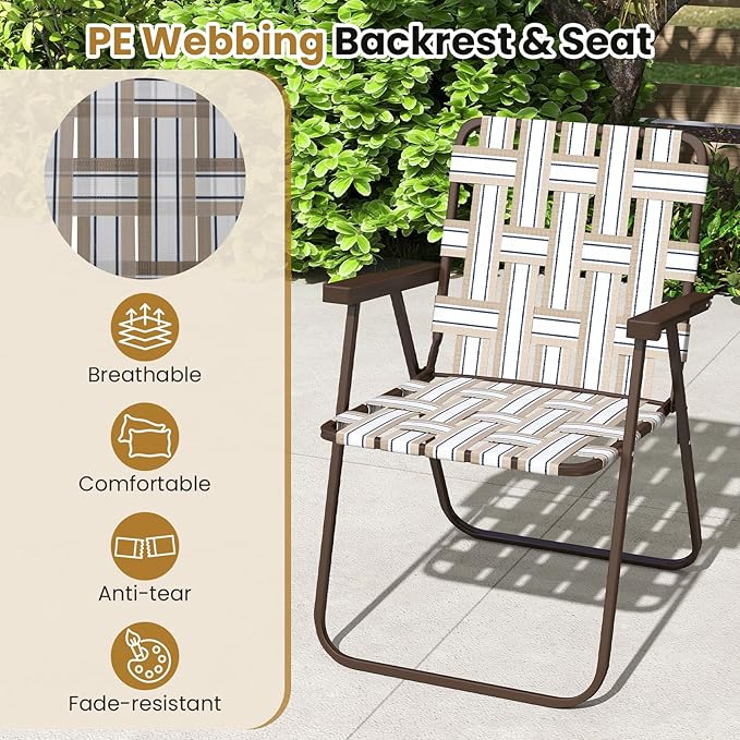 GYMAX Lawn Chair Folding, Webbed Beach Lounge Chairs Set with Highback, Outdoor Portable Lightweight Camping Dinning Chair for Patio, Lawn, Poolside, Sports, Garden, Backyard (2,Coffee)