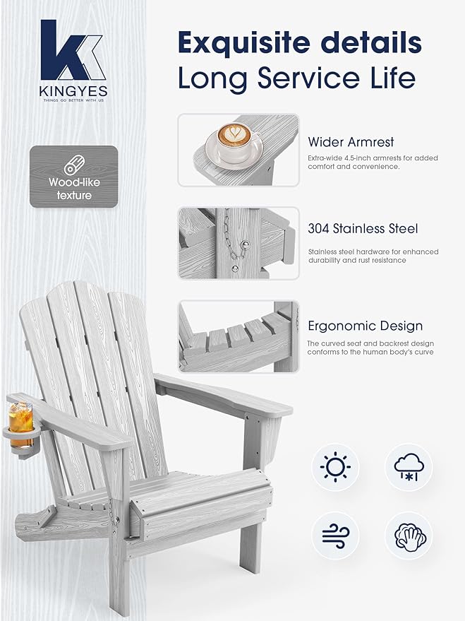 KINGYES Folding Adirondack Chair Set of 2, HDPE All-Weather Patio Chairs with Cup Holder, Wooden Textured Fire Pit Chairs for Poolside, Backyard, Deck, Silver Grey