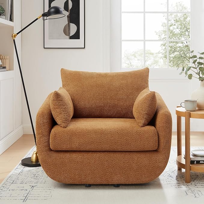 UNUQLIVCO 360° Swivel Accent Armchair, 39.3" Oversized, Sherpa Boucle Fabric Sofa Chair with Removable Back & Arm Pillows, Swivel Chair with Cozy Soft Padded (1, Curry)