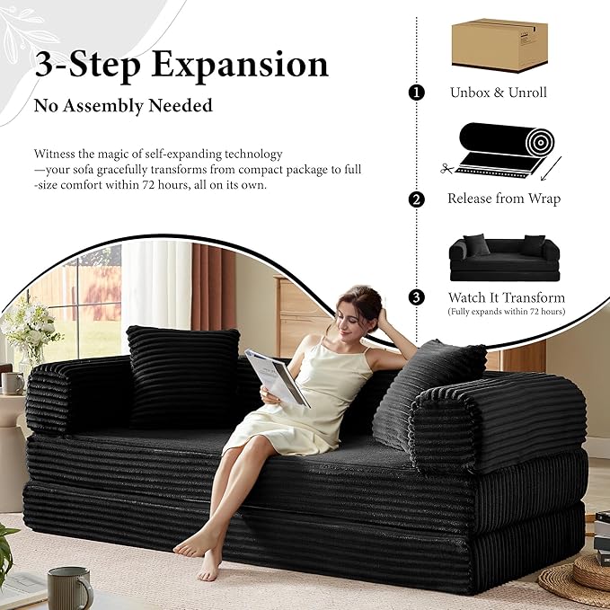 Chorlenimi Boneless Couch Futon Sofa Bed Sectional Couches for Living Room,Cloud Couch with Sleeper Sofa,Sofas for Living Room Oversized Corduroy Upholstered (Black, 76 Inches (No Iron Frame))