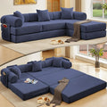 L Shaped Convertible Modular Boneless Sofa Bed with Cylindrical Pillow, Corduroy Folding Floor Sofa Couch Bed with Fixed-Shape Frame & Storage Pocket for Living Room, Blue