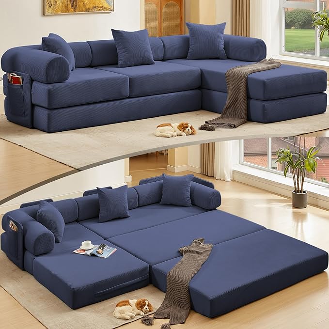 L Shaped Convertible Modular Boneless Sofa Bed with Cylindrical Pillow, Corduroy Folding Floor Sofa Couch Bed with Fixed-Shape Frame & Storage Pocket for Living Room, Blue