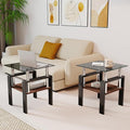 Set of 2 Modern Square Tea Tables, Tempered Glass Coffee and End Tables with MDF Layer for Living Room, Gray/Black
