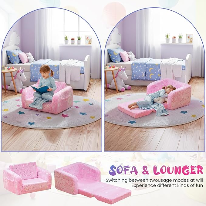 Lamerge 2-in-1 Soft Toddler Couch Fold Out,Foldable Toddler Chair, Glow in The Dark Kids Sofa for playroom,Convertible Foam and Floor Cushion for Boys and Girls (Pink and Clouds)