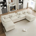 HYJT-H&K 145" U Shaped Cloud Couch Modular Beige Sectional Couches for Living Room, Comfy Fluffy Corduroy Oversized Cloud Sectional Couch Large 6 Seat Sectionals Sofa Set Central Console USB Port