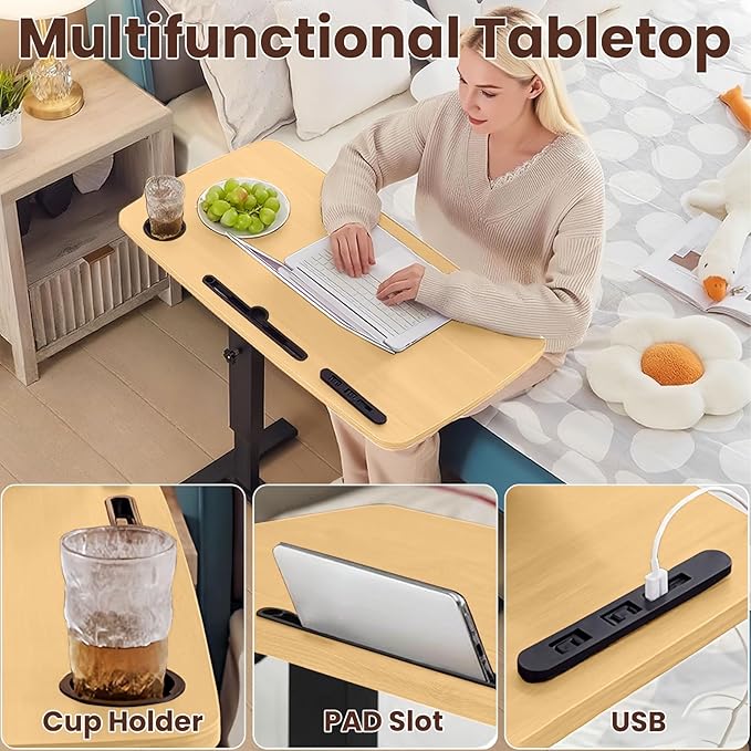 Overbed Bedside Table with Wheels, Height Adjustable Hospital Bed Table, Mobile Computer Standing Laptop Desk with USB Charge and Cup Holder