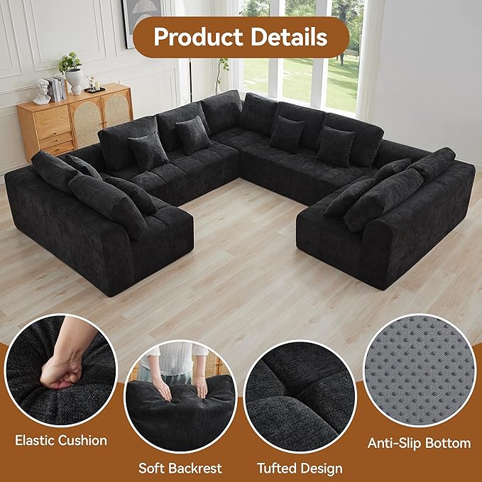 140''Modular Sectional Couches for Living Room, Cloud Boneless Compressed Sectional Sofa, Oversized U Shaped 9 Seater Upholstered Memory Foam Sofa, No Assembly, Chenille Black