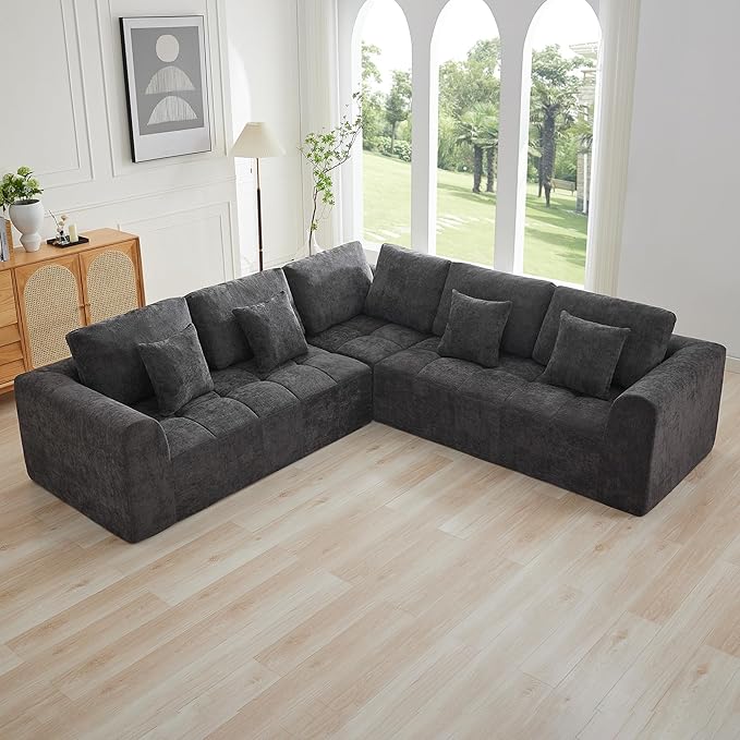 110''Modular Sectional Couches for Living Room, Cloud Boneless Compressed Sectional Sofa, Oversized L Shaped 5 Seater Upholstered Memory Foam Sofa, No Assembly, Chenille Grey