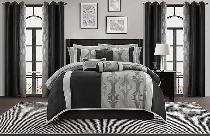Grand Avenue Elegant Black and Silver Comforter Set Califirnia King Size, Striped,15 Piece Room-in-A-Bag, Jacquard Bedding Set, All Season, Matching Decorative Pillows, Pillow Sham, Curtains