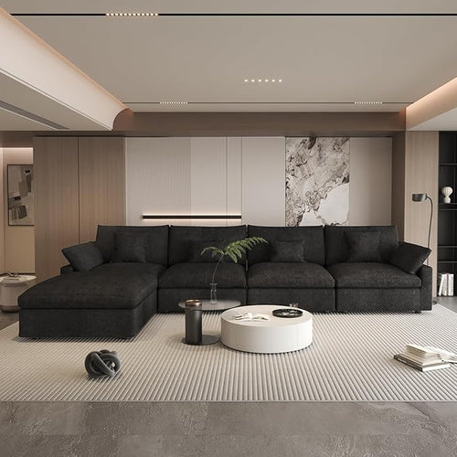 156" Cloud Couch Modular Sectional Sofa with Ottoman,L Shaped Couch,Down Filled Convertible Sofa,Cover Washable and Replaceable Couches for Living Room,Black