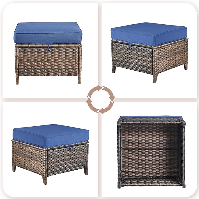 ACTREST Patio Ottoman Outdoor Wicker Side Table - 2PCS Multipurpose Heavy Duty All-Weather Brown Rattan Extra Seating Bench Footrest Footstool for Garden Back Porch Poolside Apartment - Navy Blue