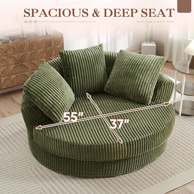 61"W Oversized Round Chaise Lounge Chair Indoor, Upholstered Corduroy Large Circle Boneless Chair with Deep Seat, No Assembly Required, Modern Comfy Cloud Sofa Chairs for Living Room, Bedroom(Green)
