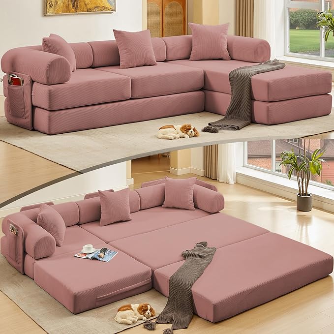 L Shaped Convertible Modular Boneless Sofa Bed with Cylindrical Pillow, Corduroy Folding Floor Sofa Couch Bed with Fixed-Shape Frame & Storage Pocket for Living Room, Pink