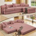 L Shaped Convertible Modular Boneless Sofa Bed with Cylindrical Pillow, Corduroy Folding Floor Sofa Couch Bed with Fixed-Shape Frame & Storage Pocket for Living Room, Pink