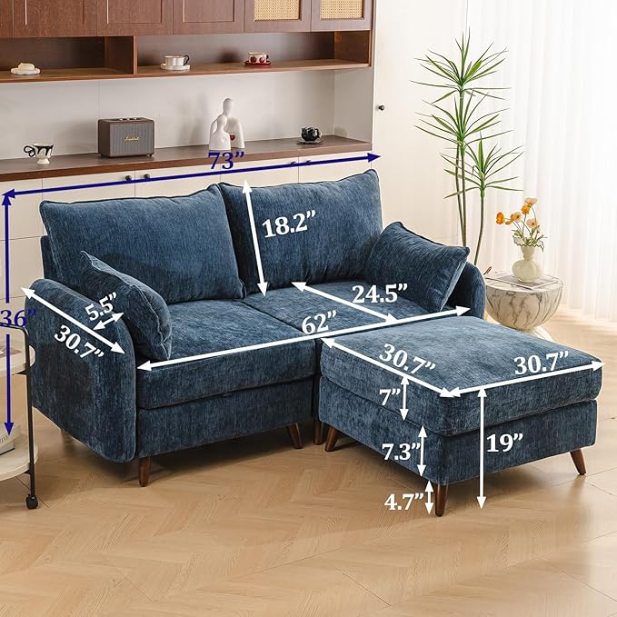Rexulqo 73'' Loveseat Sofa with Seats Storage, Modular Sectional Couch with Movable Ottoman,Oversized Comfy Sofa with 7.8'' Cushion,24.5'' Deep Seat,Large Couches for Living Room,Bedroom,Velet,Blue