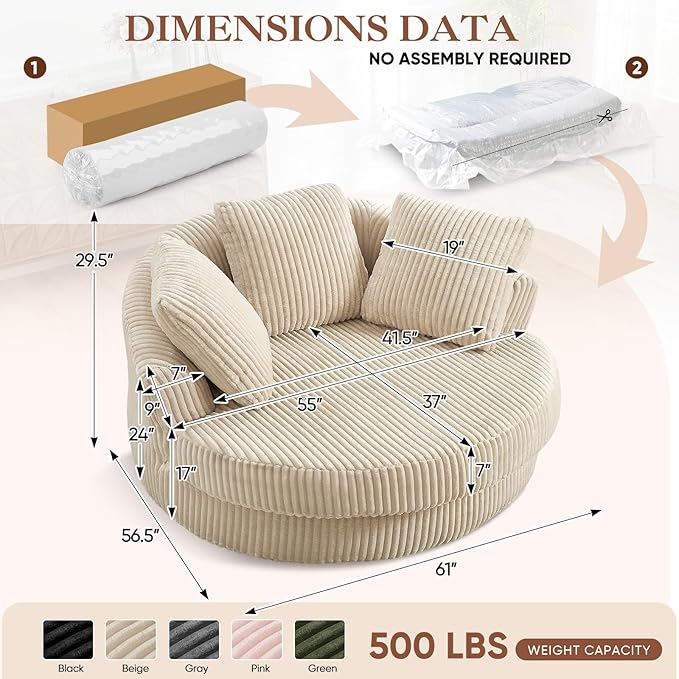 61"W Oversized Round Chaise Lounge Chair Indoor, Upholstered Corduroy Large Circle Boneless Chair with Deep Seat, No Assembly Required, Modern Comfy Cloud Sofa Chairs for Living Room, Bedroom(Beige)