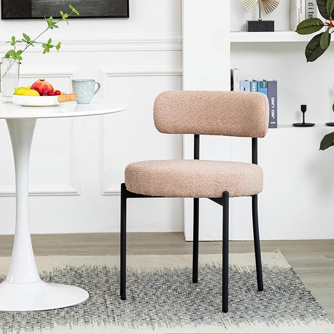 DYHOME Dining Chair One Chair,Boucle Dining Chair with Black Metal Legs,Upholstered Modern Kitchen Dining Room Chair Curved Backrest,Camel Color