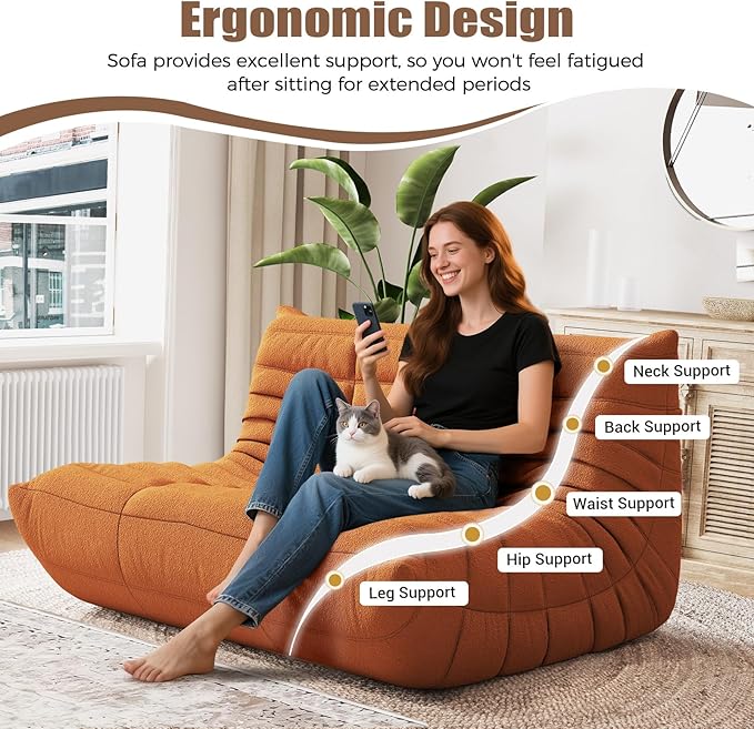 Selyteramy Bean Bag Chairs for Adults, Giant Bean Bag Chair Sofa with Memory Foam, Comfy Beanbag Loveseat Lazy Sofa for Living Room, Bedroom, Apartment, Orange