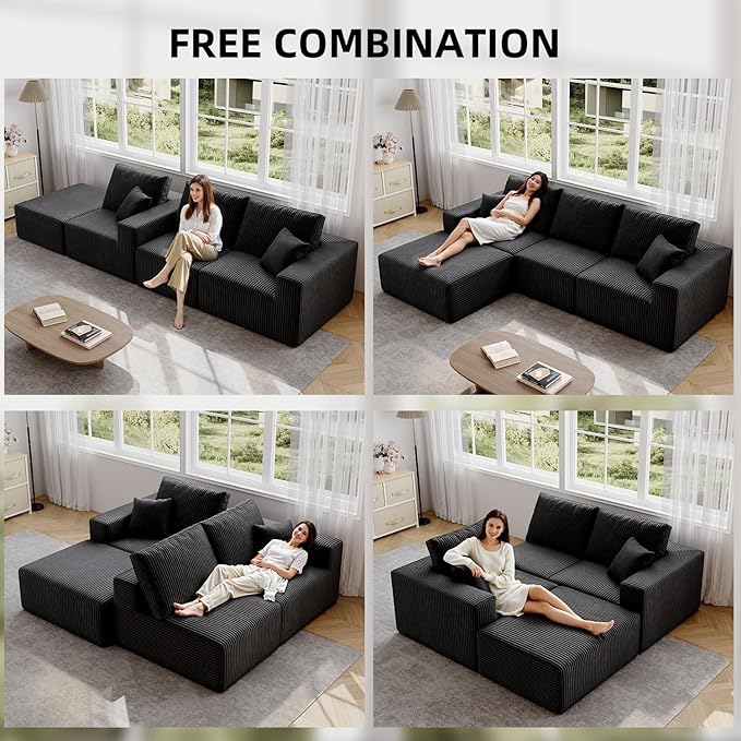 139" Boneless Cloud Sectional Couch for Living Room, Compressed Modular L-Shaped Sofa with Deep Seat, Frameless Corduroy Couch in Boxes, No Assembly Required 4-Seater (Left-Facing Chaise, Black)