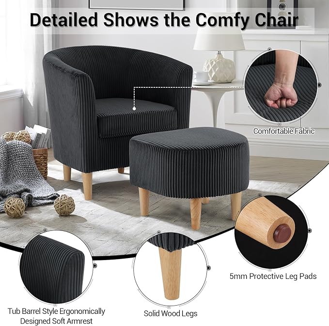 DAZONE Accent Chair, Barrel Chair with Ottoman Comfy Armchair Corduroy Living Room Chairs Mid Century Modern Chair Upholstered Club Tub Sofa Chair for Bedroom Reading Room Charcoal