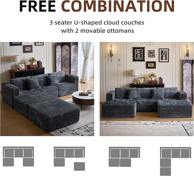 110" Modular Sectional Couch with 2 Movable Ottoman, Cloud Sofa Couches for Living Room, U Shaped Deep Seat Boneless Sofa,Luxury Corduroy Fabric, No Assembly Required Grey