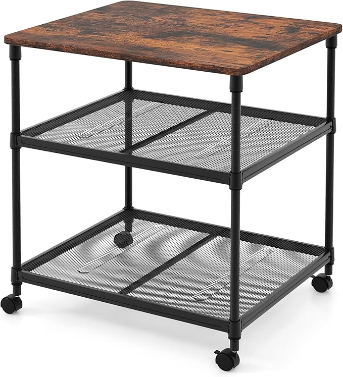 Giantex Printer Stand, 3-Tier Industrial Printer Cart with Lockable Wheels, Adjustable Shelves, Metal Frame, Mobile Under Desk Shelf for Home Office, Printer Table Fit Fax Machine, Scanner (Brown)