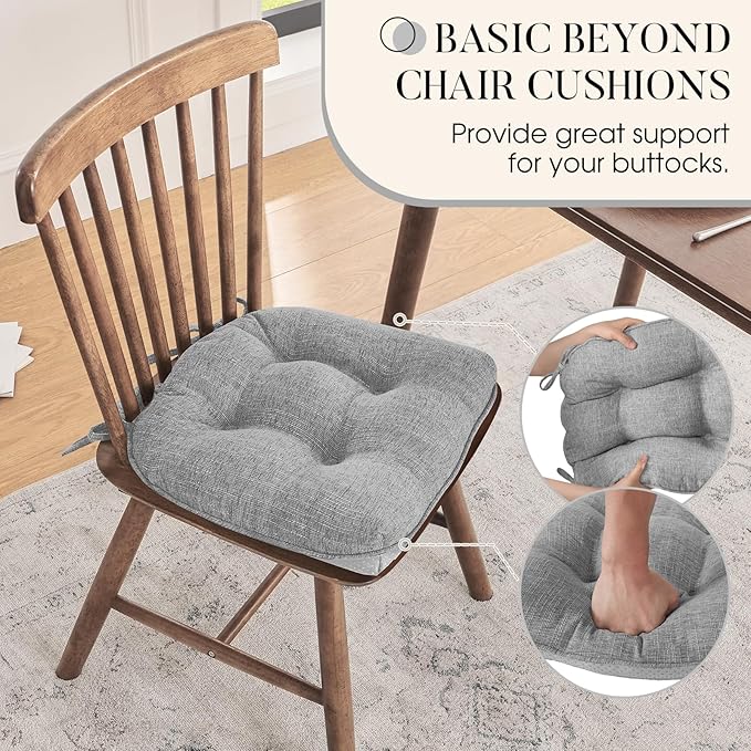 Basic Beyond Chair Cushions for Dining Chairs 4 Pack, Chair Cushion with Ties and Non Slip Backing, 15.5 x 15.5 inches Tufted Chair Pads for Dining Chairs(Light Grey)